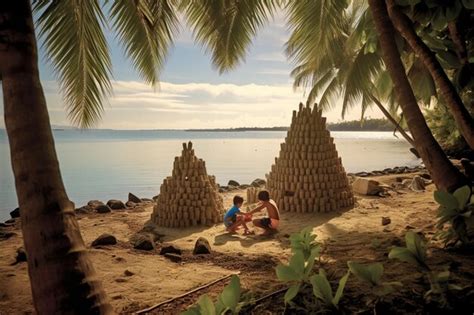 Duas crianças brincam na areia uma pirâmide feita de areia Foto