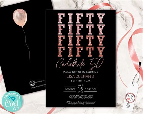 Diy 50th Birthday Glitter Invitation Printable Template Fifty Rose