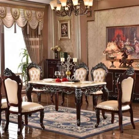 Rectangular Royal Brown Wooden Carved Dining Table Set For Home