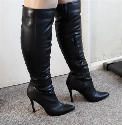 ESSEX GLAM SEXY PAIR Black Stiletto Heel OTK Faux Leather Boots Uk 7