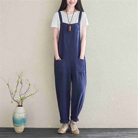 Linen Overalls Women Casual Linen Jumpsuits Overalls Pants With Pockets