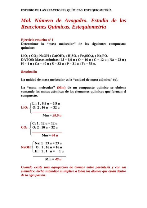 Pdf Mol N Mero De Avogadro Estudio De Las Reacciones