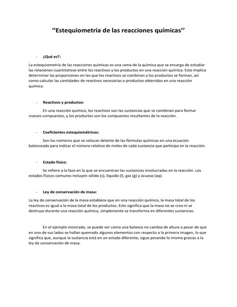 ‘estequiometria De Las Reacciones Químicas