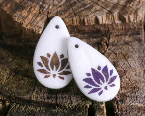 Czech Glass Laser Etched Lotus on Textured White w/ Metallic Rainbow