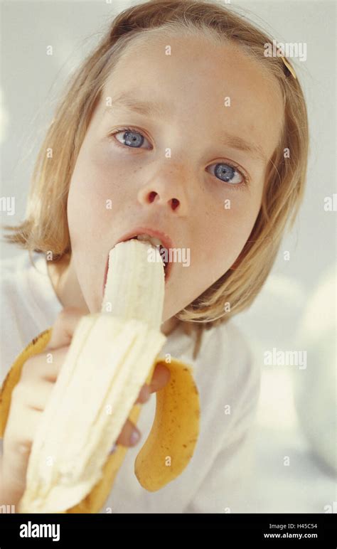 Girls Banana Eat Portrait Person Child Infant Blond Long Haired