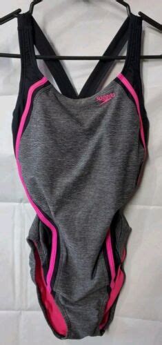 Speedo Racing Cut Hydro Bra Womens One Piece Swimsuit Sz 8 Grey Black