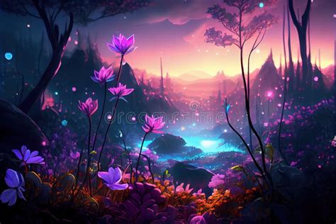 Fantasy Forest At Night Glowing Flowers And Lights Generative AI