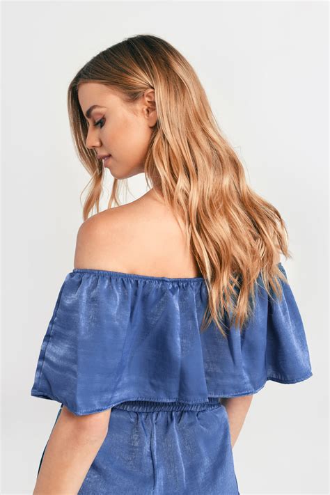 Blue Crop Top Elastic Neckline Off Shoulder Crop Top Kirra Blue