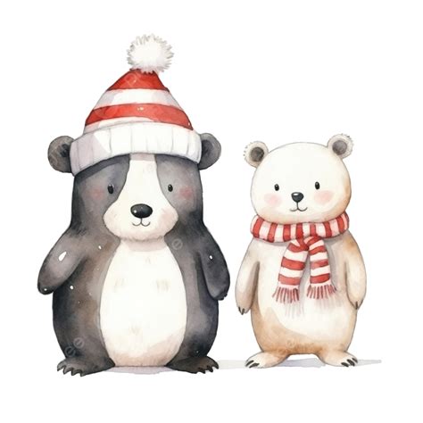 Cute Polar Bear And Penguin For Christmas With Watercolor Card