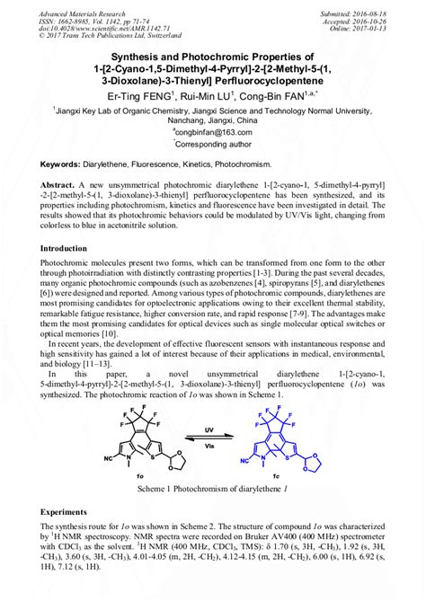 Synthesis And Photochromic Properties Of 1 2 Cyano 15 Dimethyl 4