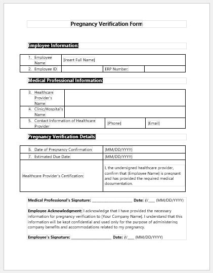 Formal Pregnancy Verification Form Templates Download File