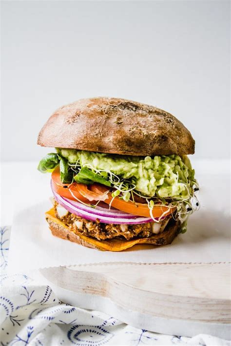 Vegan Bbq Guacamole Burger On A Sweet Potato Bun Healthy Little