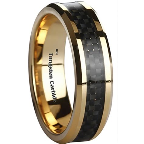 Mens Black Carbon Fiber Inlay Gold Tone Tungsten Wedding Ring 6mm