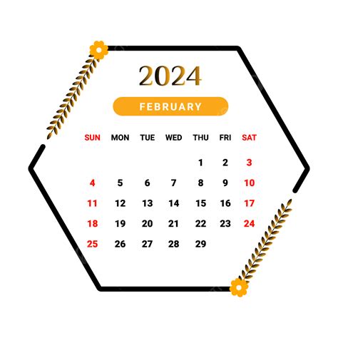 2024 February Month Calendar With Black And Yellow Floral Design Vector