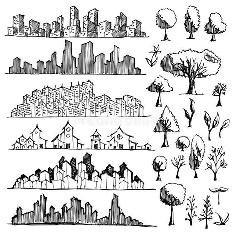 Set Of Cityscape Drawing Illustration Hand Drawn Doodle Sketch Line