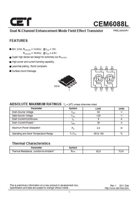 CEM6088 Datasheet Dual N Channel Enhancement Mode Field Effect Transistor