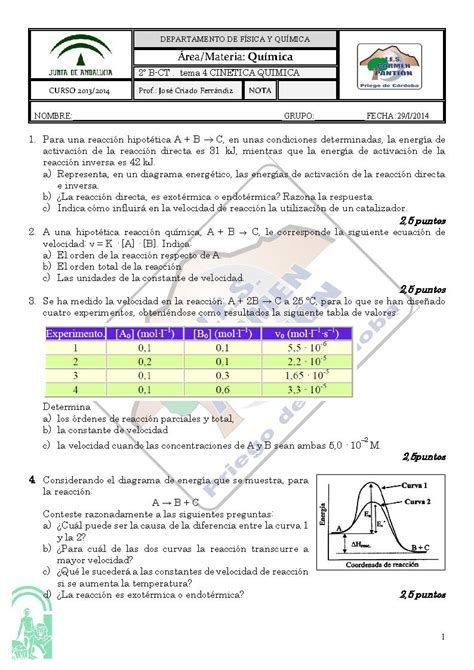 Prueba Tema Cinetica Quimica P Gina El Blog De Jos Criado