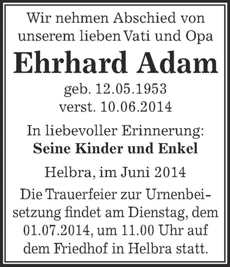 Traueranzeigen Von Ehrhard Adam Abschied Nehmen De