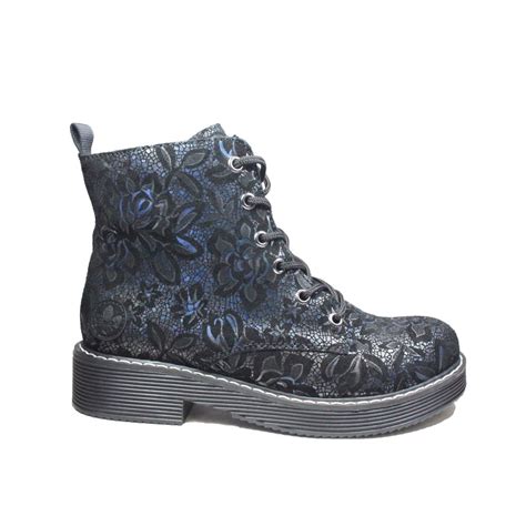 Rieker Navy Floral Print Nubuck Leather Womens Chunky Ankle