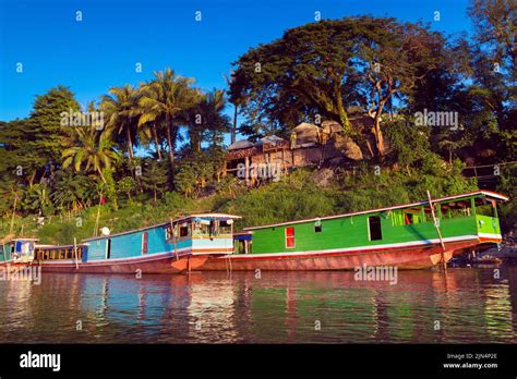 Houseboats On The Mekong River Luang Prabang Laos Stock Photo Alamy