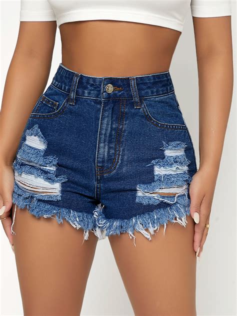 Shein Petite Shorts En Mezclilla De Talle Alto Desgarro Ribete Crudo