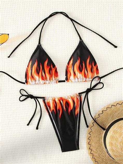 Shein Swim Ba Ador Bikini Tri Ngulo Halter Con Estampado De Fuego