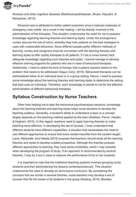 Nursing Learning Theories Styles And Skills 1958 Words Essay Example