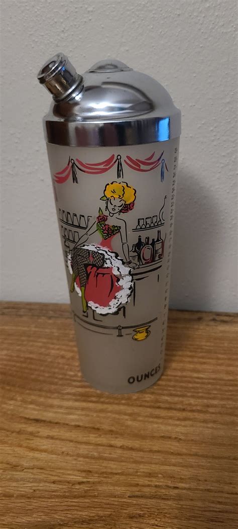 Vintage MCM Gay Fad Gay Nineties Cocktail Shaker Hazel Atlas Can Can Dancer Barber Shop Quartet