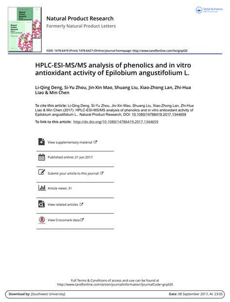 Pdf Hplc Esi Ms Ms Analysis Of Phenolics And In Vitro Antioxidant