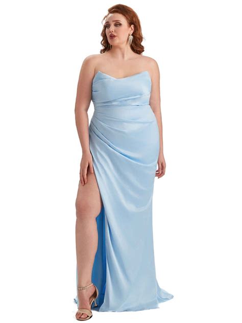 Sexy Side Slit Strapless Mermaid Soft Satin Long Plus Size Bridesmaid