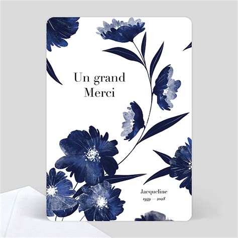 Carte de remerciements Décès Fleurs Bleues Aquarelle