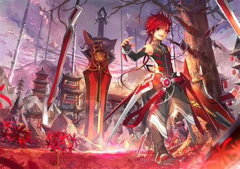 Hd Wallpaper Red Haired Male Anime Character With Sword Digital