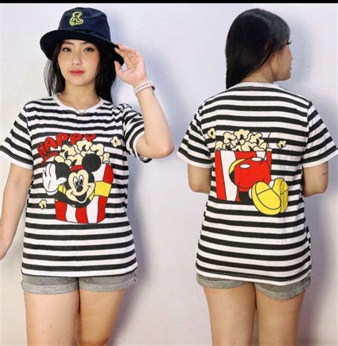 Kaos Mickey Mouse Popcorn Stripe Baju Mickey Mouse Salur Fesyen Wanita