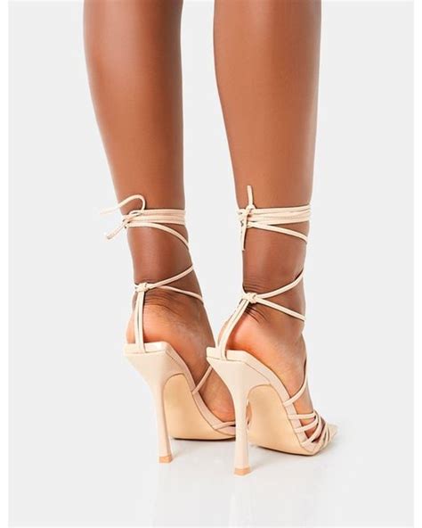 Public Desire Solange Nude Patent Lace Up Strappy Square Toe High Heels