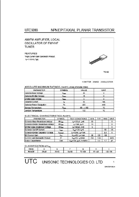 9018 Datasheet 1 3 Pages UTC NPN EPITAXIAL PLANAR TRANSISTOR