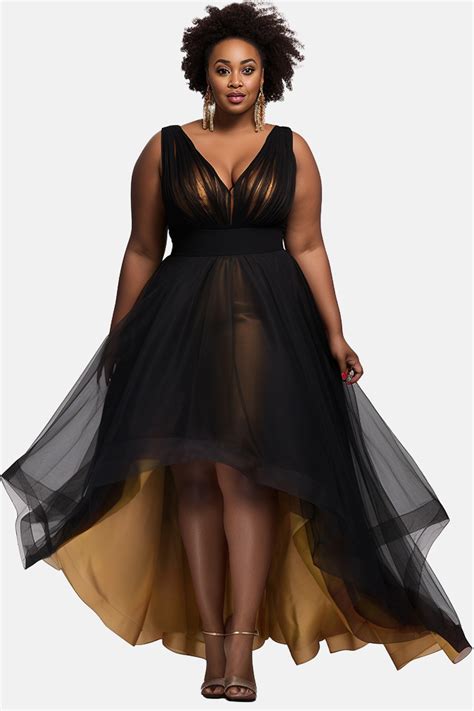 Xpluswear Design Plus Size Formal Black V Neck High Low Hem Fold Tulle