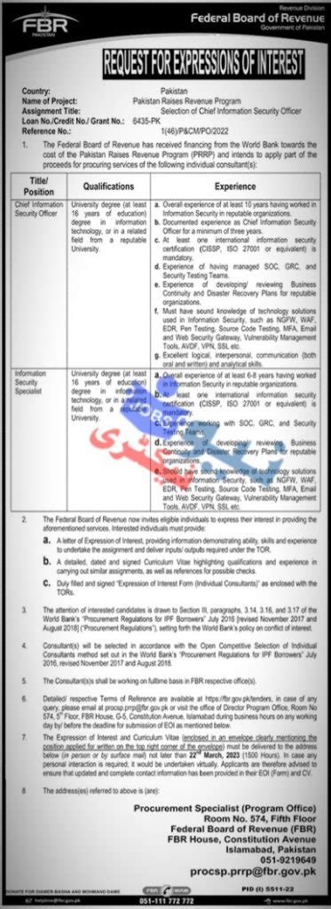 FBR Jobs 2024 Latest Federal Board Of Revenue Jobs New Jobs Factory