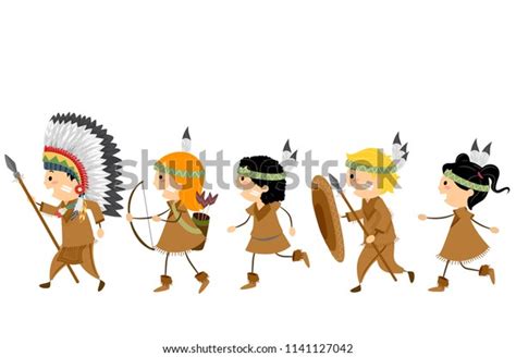 Illustration Native American Stickman Kids Holding Stock Vector