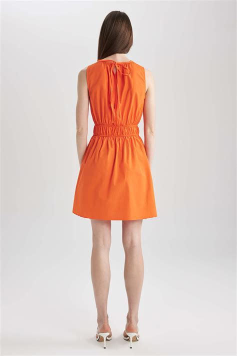 Orange Woman Crew Neck Poplin Sleeveless Mini Dress Defacto