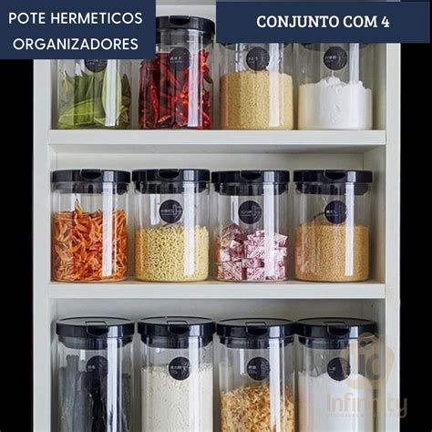 KIT 5 Potes De 1L Organizador De Mantimentos E Dispensa Porta