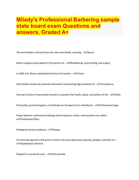 Milady S Professional Barbering Sample State Board Exam Questions And