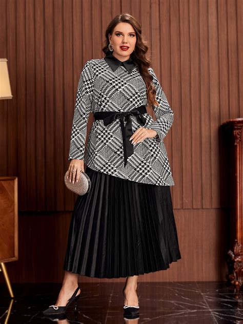 Shein Clasi Plus Houndstooth Print Asymmetrical Hem Belted Top