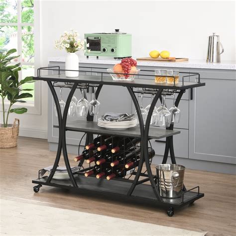 Bar Cart With Wine Rack And Glass Holders Mobile Serving Cart 3 Tier Home Bar Serving Carts Baker