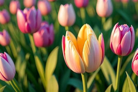 Un Campo De Tulipanes Rosas Y Amarillos Con La Palabra Tulipanes En La