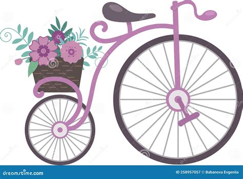 Retro Vintage Bicycle With A Basket Of Flowers Cartoon Flat Style Illustration Stock Vector