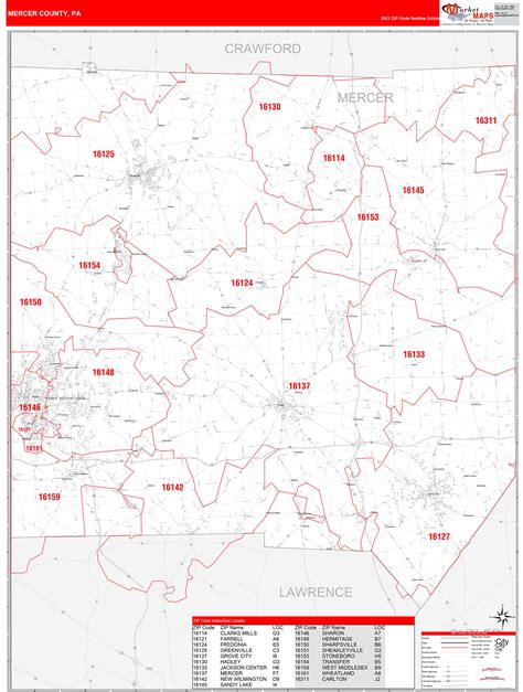 Mercer County Pa Zip Code Wall Map Red Line Style By Marketmaps Mapsales