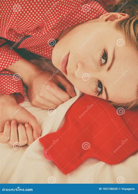 Woman Sleeping With Warm Red Hot Water Bottle Stock Photo Image Of Holding Relax