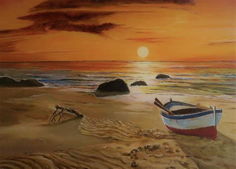 Peinture Barque Sur La Plage Coucher De Soleil