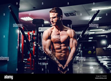 Muscular Body Builder Working Out At The Gym Doing Chest Fly Exercises