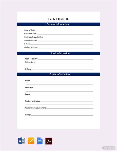 Party Banquet Event Order Template In Word Google Docs Pages